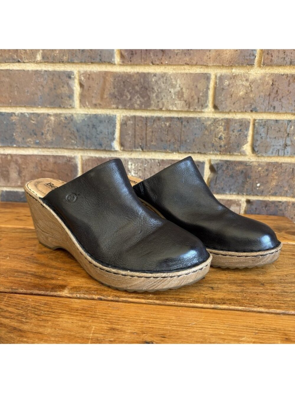BORN Natalie Wedge Clogs Womens 9 M Black Leather Mules Slip On Comfort Shoes